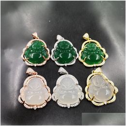 Pendant Necklaces Laughing Buddha Jade Necklace 925 Sier Plated Inlaid Gemstone Jewellery Ice Chalcedony Agate Maitreya Female Pendant Dhcgv