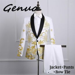 Men's Suits & Blazers Gold Embroidery Dress Suit Men Slim Fit Shawl Lapel Mens White With Pants Stage Prom Wedding Grooms Sin331s