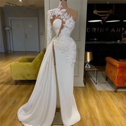 Appliqued One Shoulder Prom Dresses 2023 Ruched Side Split Sexy Celebrity Dress robes de mariee Red Carpet evening Gowns2439