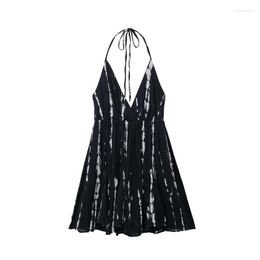 Casual Dresses 2023 Summer Sexy Spice Girl Waist Slim Printed Halter Neck Dress V Backless A-Line Skirt Fashion Miniskirt