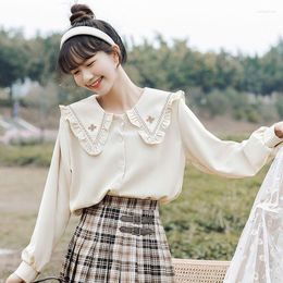 Women's Blouses Woman Stylish Long Sleeve Pockets Ruffles Shirts Female Clothing Casual Tops Ladies Loose Office Doll Collar Blouse G399
