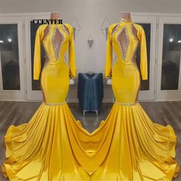 2023 Yellow gold Prom Dresses For Black Girls African Party Dress Long Sleeve Special Occasion evening Gown Mermaid robe de femme 2600