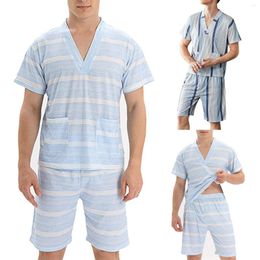 Men's Tracksuits Summer Stripe Pajamas Pullover Shorts 2 Piece Set Sleepwear Men Pajama Home Clothes Nightwear Loungewear