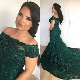 Sparkly African Dark Green Mermaid Evening Dresses Off the Shoulder Lace Sequins Corset Back Long Prom Celebrity Gowns2410