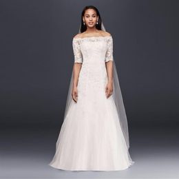 Elegant Bateau Neckline Off the Shoulder 3 4 Sleeve Wedding Dress Illusion Lace Back Sweep Train gorgeous Bridal Dressses WG3734255e