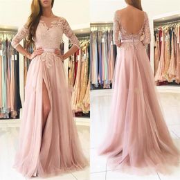 Blush Pink Split Long Bridesmaids Dresses 2019 Sheer Neck 3 4 Long Sleeves Appliques Lace Maid of Honor Country Wedding Guest Gown274L