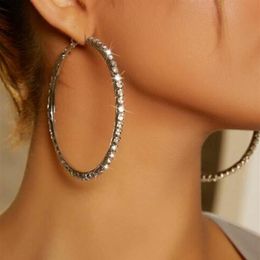 Boutique Hiphop Brand Crystal Large Hoop Earrings Gold Silver Tone Big Rhinestone Clip on Circle Earring for Women Youth Personali271f