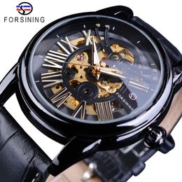 Forsining Black Bezel Roman Retro Men Automatic Watch Top Brand Luxury Automatic Fashion Skeleton Gear Gold Movement Wristwatch206d