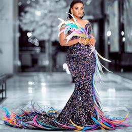 2023 Arabic Aso Ebi Colourful Mermaid Prom Dresses Feather Sequined Lace Evening Formal Party Second Reception Birthday Engagement 2577