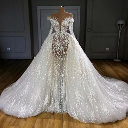 2021 Arabic Mermaid Wedding Dresses Bridal Gowns With Detachable Train Long Sleeve Pearls Lace Appliqued Robe De Mariee282E