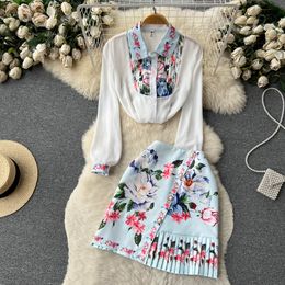 Two Piece Dress Summer Luxury Celebrity Lantern Sleeve Chiffon Flower Shirt+High Waist Irregular Pleated Buttons Print Mini Skirt Two Piece Set 2023