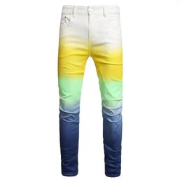 Men's Jeans Mens Tie Dye Hand-painted Spliced Yellow Blue Slim Fit Elastic Feet Denim Pants Contrast Color Trousers