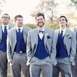 Grey Wedding Groomsmen Tuxedos Classic Style Three Piece Royal Blue Vest Custom Made Groom Men Suits Jacket Vest Pants237S