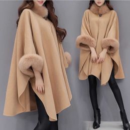 Women Capes Cloak Fur Neck Design Winter Clothing Outerwear Tops Loose Fashion Coats Ladies Wool Blends S-3XL