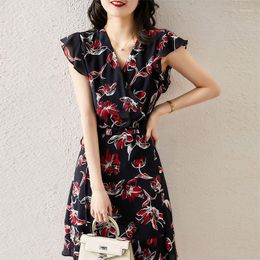 Casual Dresses Elegant V-Neck Printed Spliced Loose Ruffles Bandage Bow Mini Dress Women Clothing 2023 Summer Office Lady Sleeveless