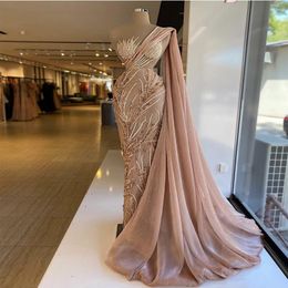 Blush Pink Mermaid Prom Dresses Con Wrap Una Spalla In Pizzo Perline Dubai Glitter Robe De Soiree Abito Da Sera Arabo 2021 Donne Pa326Y