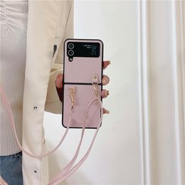 Luxury Crossbody Lychee Pattern Vogue Phone Case for Samsung Galaxy Folding Z Flip3 Flip4 Flip5 5G Durable Adjustable Lanyard Solid Leather Fold Shell Shockproof