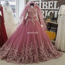 2020 Muslim High Neck Long Sleeve Wedding Dresses Lace Applique Plus Size Saudi Arabia Bridal Ball Gown Custom vestido de noiva2448