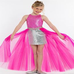 New Arrivals Sequined Girls Pageant Dresses Crystal Tulle Train Jewel Neck Fuchsia Flower Girl Dresses Kids Little Girl Party Prom288G