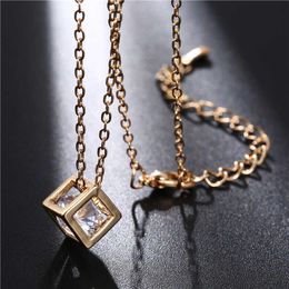 Princess Round Cut Cubic Zirconia Cube Necklace With Diamond Inside Women's Square Korean Style Necklace Gift Gold Color Pendant Jewelry Collars For Women Wholesale