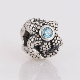 100% 925 Sterling Silver Starfish Bead Ball with Sapphire Blue Crystal Charm Beads Fits Pandora Bracelets & Necklaces LW250227t