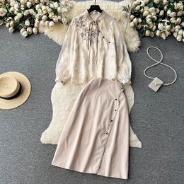 Two Piece Dress Vintage Haute Couture Outfits Women Flower Embroidery Pearls Beading Bow Blouse Top + Single Breasted Midi Skirt Two Piece Set 2023