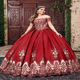 2020 Wine Red Nude Ball Gowns Vestidos De Quinceanera Dresses Lace Applique Beaded Crystal Off The Shoulder Short Sleeve Sweet 16 304C