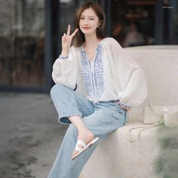 Women's Blouses Cotton Linen Shirts Summer 2023 Flower Chinese Style Loose Long Sleeve Top Embroidery Clothing YCMYUNYAN