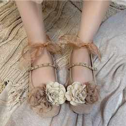 Dress Shoes Fairy Tale Style Shoes Woman Eternal Rose Flower Ballet Flats Ladies Autumn Sweet Ribbon Tie Leg Chain Mary Janes Lolita Loafers 230721