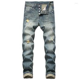 Jeans maschile jeans denim rovinata classica marca di marea alla larghezza dritta retrò lunghe quattro stagioni strappate di grandi dimensioni