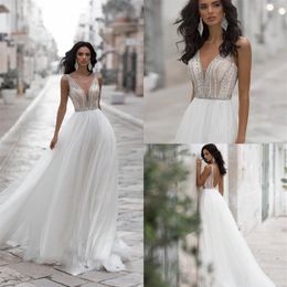 2019 Navi Blue A Line Wedding Dresses V Neck Lace Beaded Rhinestone Boho Wedding Dress Sweep Train Backless Customised Vestidos De289k