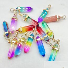 Charms Gold Rainbow Coloured Glass Hexagonal Prism Pendum Pendant Diy Jewellery Making Necklaces Accessories Drop Delivery Findings Comp Dhuvg