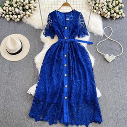 Luxury and Elegant Style Short Sleeves Round Neck Waist Wrapped Single breasted Water Soluble Hollow Lace Dress