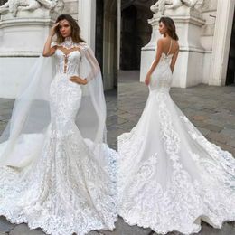 Gorgeous Mermaid Lace Wedding Dresses With Cape Sheer Plunging Neck Bohemian Wedding Gown Appliqued Plus Size Bridal Vestidos De N235S