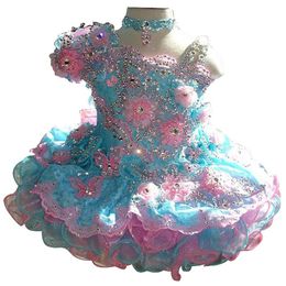 Gorgeous Baby Girls Glitz Beaded Pageant Cupcake Gowns Withe Flowers Infant Mini Short Skirts Toddler Girls Soft Lace Pageant Dres255s