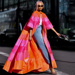 Women's Trench Coats American Fashion O-Neck Long-Sleeved Printed Loose Windbreaker Spring High Street Hip-Hop Personality Women