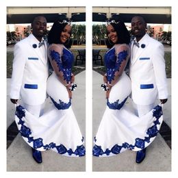 New White Satin Royal Blue Lace Aso Ebi African Prom Dresses Long Illusion Sleeves Applique Evening Formal Gowns Pageant Celebrity237h