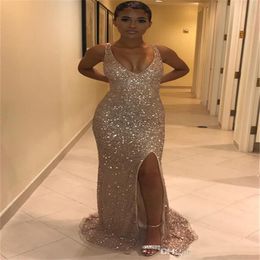 Sexy Mermaid V Neck Split Prom Dresses Long Cheap Sparkly Sequin Formal Evening Gowns Bling Cocktail Party Sweet 16 Dress Black Gi333A