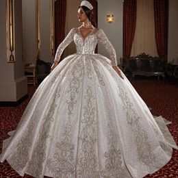 Saudi Arabic Vintage Wedding Dresses Bling Long Sleeve Ball Gown Lace Muslim Robe de Mariage 2022243z