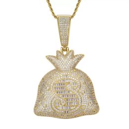 Bling 18k Gold Dollar Sign Money Bag Necklace Jewellery Set Cubic Zirconia Diamond Hip Hop Necklaces Wallet Pendant Women Men Stainl309M