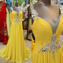 Charming Yellow Chiffon Bridesmaid Dresses 2020 Backless Crystal Beading Wedding Party Dress Maid Of Honour Formal Gowns V neck Pro276H