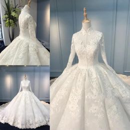 Muslim High Neck Wedding Dresses Long Sleeve Handmade Appliques Lace Ball Gown Bridal Gowns Vestido de Nova Custom Plus Size248n