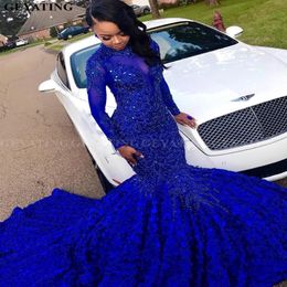 Luxury 3D Flower Mermaid Royal Blue African Prom Dress Long Sleeves Chapel Train Beaded Crystal Plus Size Graduation Party Dress222q