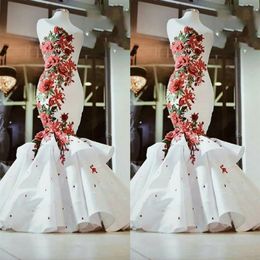 Gorgeous Red and White 3D Floral Flowers Mermaid Wedding Dress 2022 Sweetheart Satin Beading Ruched South Arabic Country Designer 291S