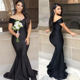 Black Mermaid Bridesmaid Dresses Sexy Off Shoulder V Neck Pleats Long Wedding Guest Party Gowns Prom Dress265W