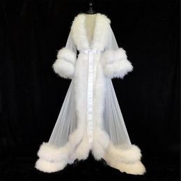 White Double Deluxe Women Robe Fur Nightgown Bathrobe Sleepwear Bridal Robe Marabou Charmeuse Dressing Gown Party Gifts Bridesmaid300R