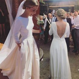 Cheap Simple Wedding Dresses Romantic A Line Long Sleeves Open Backless Satin Special Occasion Mopping Section Ivory White Bridal 260j