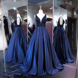 New Navy Blue Beaded Prom Dresses V Neck Real Po Hollow Sleeveless Floor Length V Neck Satin Cheap Prom Evening Gowns328l