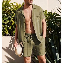Men's Tracksuits Summer Mens Cotton Linen Short Sleeve Set Outdoor 2-Piece Suit Andhome Clothes Casual Clothing Beach Sets