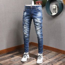 Men's Jeans Streetwear Fashion Men Retro Blue Elastic Slim Fit Ripped Vintage Designer Casual Stretch Denim Pants Hombre